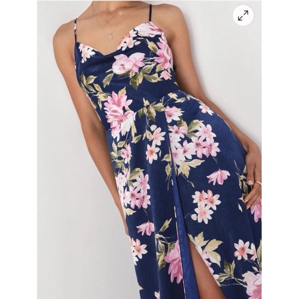 Lulus Love of Romance Navy Floral Satin Maxi Dress Cowl Neck Slit Size L NWT - Picture 3 of 7